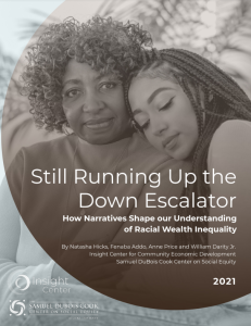 a young woman leaning on an older woman and text that reads "stull running up the down escalator: how narratives shape our understanding of racial wealth inequality"