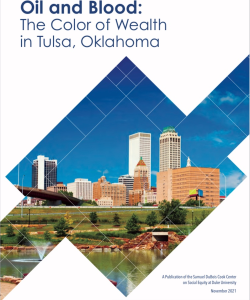 cover page of report with image of Tulsa, OK skyline and text that reads "oil & blood: the color of wealth in Tulsa, Oklahoma"