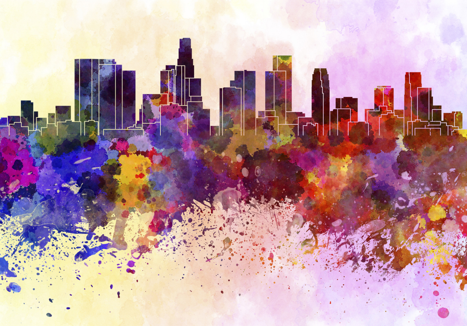 watercolor graphic of Los Angeles skyline