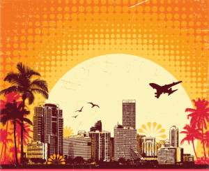 cartoon graphic of Miami skyline with sun in the background