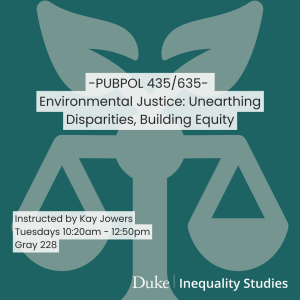 Fall GIRI Class text over a faded scale with a leaf on top, text reads "environmental justice: unearthing disparities, building equity"